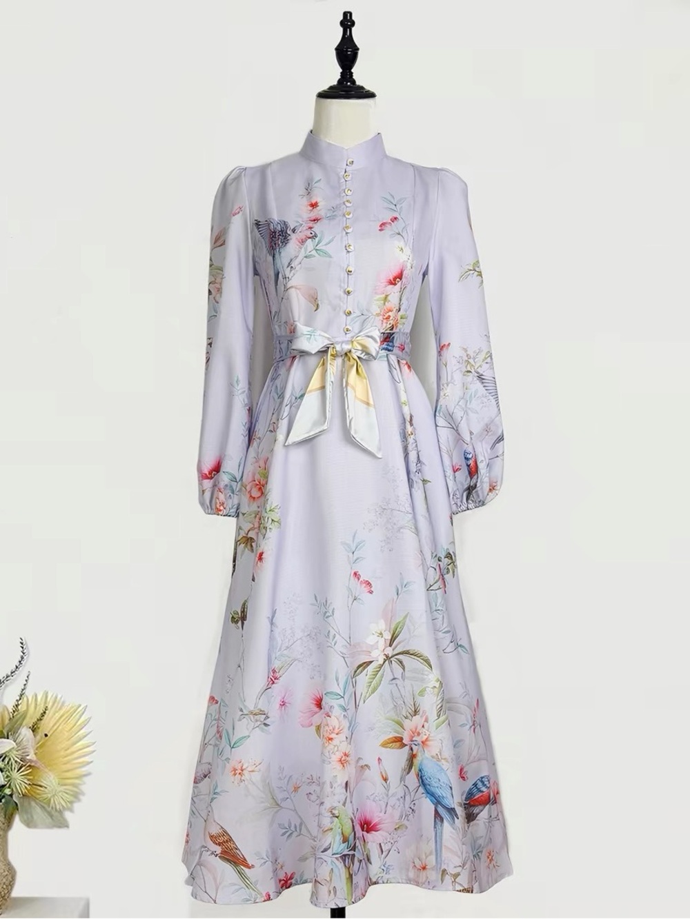 Designer-style Lavender Floral Midi Dress with Belt